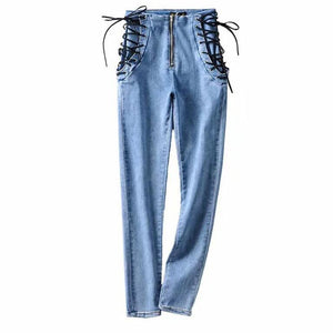 Vintage Skinny High Waist Cross Lace up Jeans