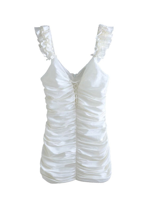 White Slim Elastic Pleated Mini Dress