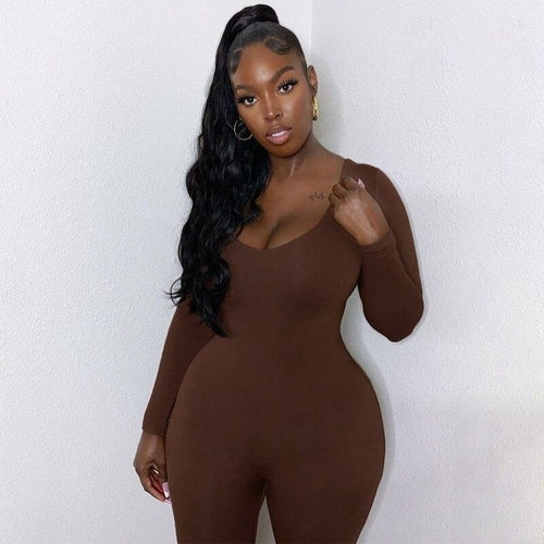 Long Sleeve Solid Stretchy Bodycon Jumpsuit