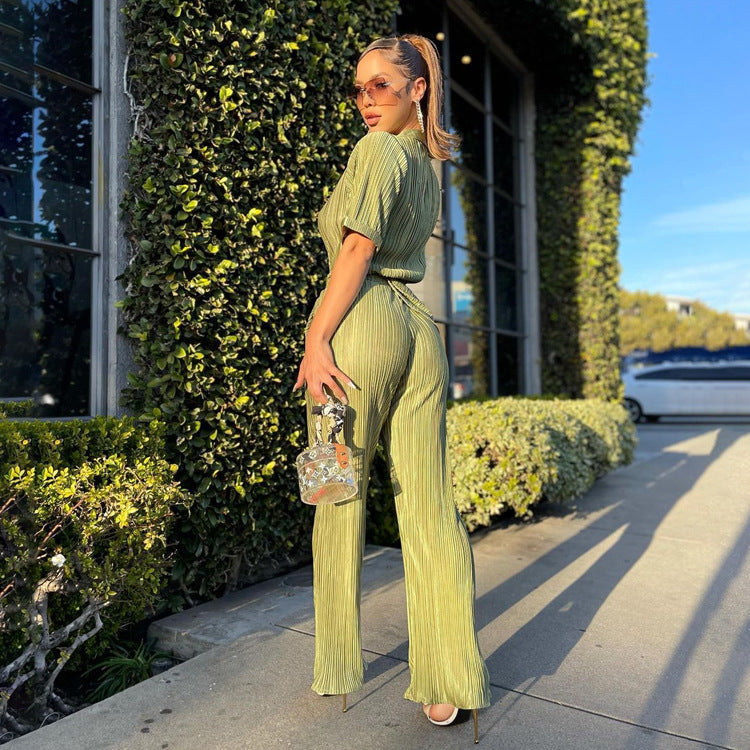 Short Sleeve Shirt 2 Piece Sexy Green Pleated Trouser Suit