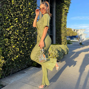 Short Sleeve Shirt 2 Piece Sexy Green Pleated Trouser Suit