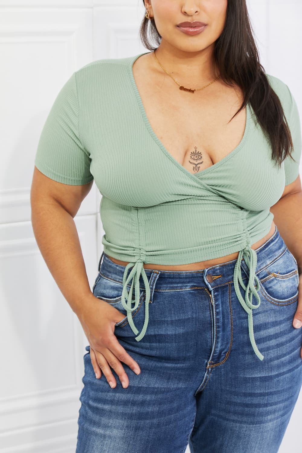 Capella Back To Simple Full Size Ribbed Front Scrunched Top in Green