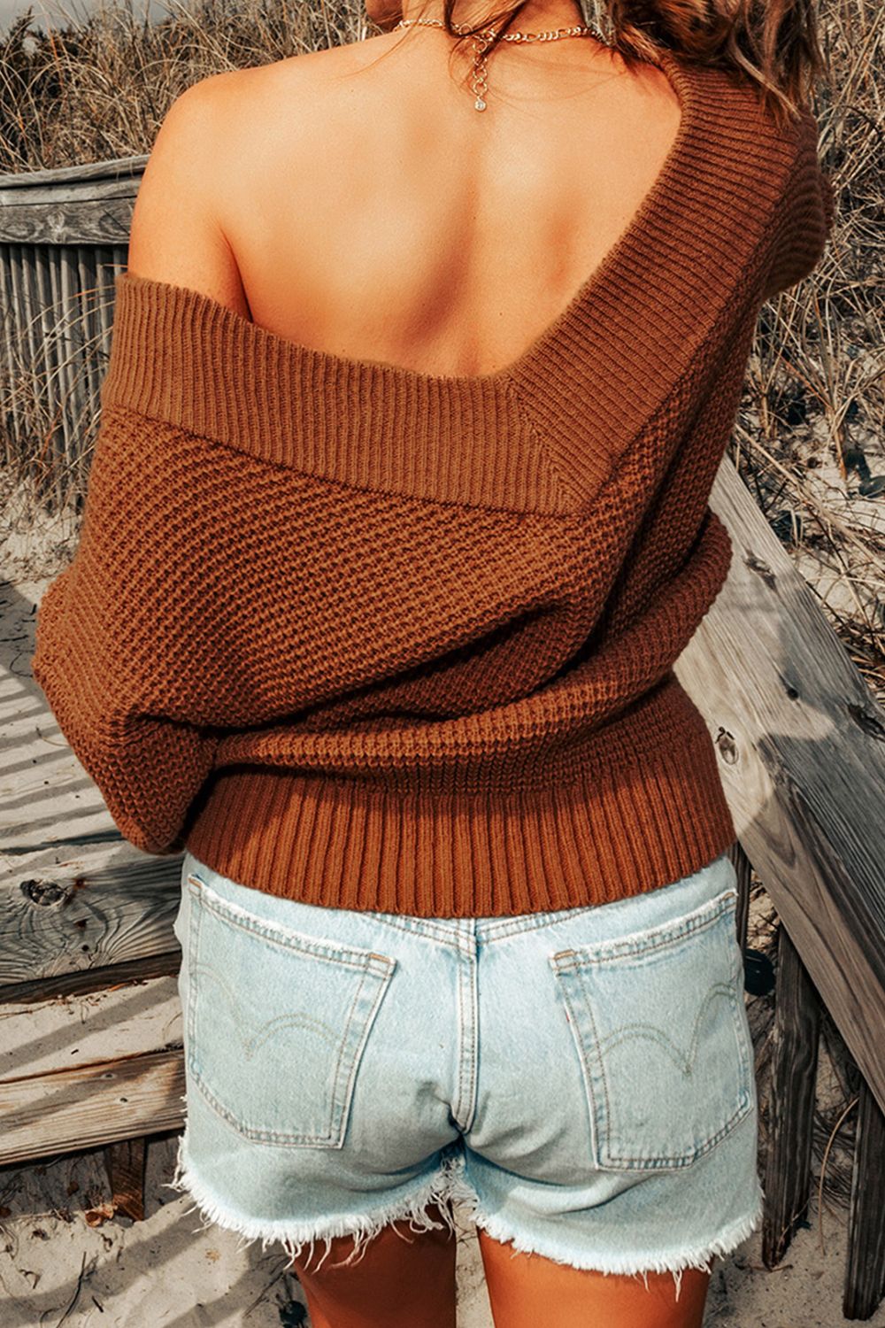 Rib-Knit Drop Shoulder V-Neck Sweater